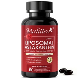 Liposomal Astaxanthin 12mg with Hyaluronic Acid & Lutein for Skin & Eye | 7-IN-1 Vegan Softgels with Vitamin E, Zeaxanthin, Phospholipids & MCT for Antioxidant, Skin Hydration, GMP, Gluten Free,180ct