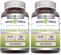 Amazing Formulas Artichoke Extract Supplement | Cynara Scolymus Leaf Capsules| 500 Mg | Capsules | Non-GMO | Gluten Free | Made in USA (2 Pack, 180 Count)