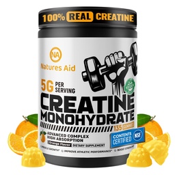 Natures Aid NSF Certified Creatine Gummy 5g - Creatine Monohydrate Gummies – Pre-Workout Energy & Muscle Growth Support for Men & Women | Orange Electrolyte Gummies (135 Count)