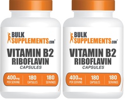 BulkSupplements.com Riboflavin Capsules - Vitamin B2 400 mg, Riboflavin 400mg - Essential B Vitamin, Gluten Free, 1 Capsule per Serving, 180 Capsules (Pack of 2)