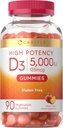 Carlyle Vitamin D3 Gummies | 5000 iu | 90 Count | Peach Flavored Gummy | High Potency for Adults | Vegetarian, Non-GMO, Gluten Free Supplement