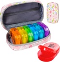 Serfeymi Weekly Travel Pill Organizer 2 Times A Day AM PM Upgraded Rainbow Pill Box 7 Day with Portable Zipper PU Leather Pill Case, Medicine Organizer for Pills, Vitamins, Fish Oils - Floral 01