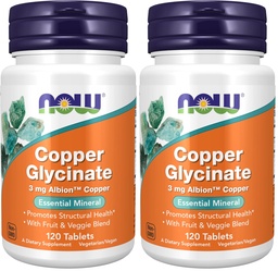 Now Foods Supplements, Copper Glycinate with 3mg Albion Copper, Promotes Structural Health*, 120 Tablets, Light Gray, Tan (Pack of 2)