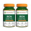 Pure Nutrition Iron Folic Acid Supplement with Zinc, Vitamin C & Vitamin B12 for Men & Women | Supports Haemoglobin Production, Boosts Immunity & Maintains Iron Level - 60 Veg Tablets (Pack 2)
