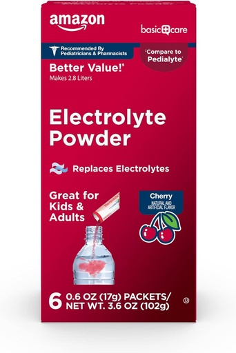   Basic Care Electrolyte Powder Packets for Kids & Adults, Cherry Flavor, 6 count (Pack of 1)