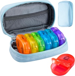 Serfeymi Weekly Travel Pill Organizer 2 Times A Day AM PM Upgraded Rainbow Pill Box 7 Day with Portable Zipper PU Leather Pill Case, Medicine Organizer for Pills, Vitamins, Fish Oils - Blue 01