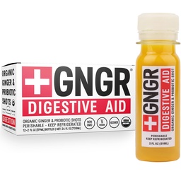 +GNGR Digestive Aid – Organic Ginger Shot with Turmeric & Black Pepper. High-Absorption Curcumin with Probiotics for Immune, Digestive & Gut Health. Cold-Pressed Ginger Shots. 2 fl oz Bottles (Pack of 12).