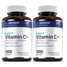 Vitamin C 1000mg Complex with L-Lysine 500mg, Zinc Gluconate 12mg, Bioflavonoids 300mg. Doctor Formulated Magnesium Stearate Free Supplements for Healthy Immune System Support. Two Bottles.(2)