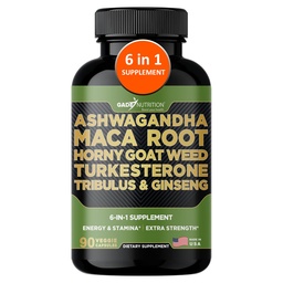 Gade Nutrition Ashwagandha with Maca Root, Horny Goat Weed, Turkesterone Supplement, Tribulus Terrestris, Panax Ginseng | 90 Vegetable Capsules for Energy, Stamina, Performance. | Made in USA