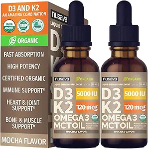 (2 Pack) Organic Vitamin D3 K2 Drops with MCT Oil Omega 3, 5000 IU, Maximum Strength Vitamin D Liquid, No Fillers, Non-GMO Liquid D3 for Faster Absorption and Immune Support (Mocha, 2 Fl Oz)