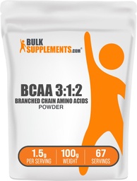 BulkSupplements.com BCAA 3:1:2 Powder - BCAA Supplements, Branched Chain Amino Acids Powder - Unflavored & Gluten Free, 1.5g per Serving, 100g (3.5 oz) (Pack of 1)