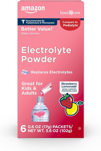   Basic Care Electrolyte Powder Packets, Strawberry Lemonade, 6 Count (Pack of 1)