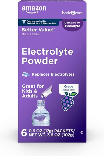   Basic Care Electrolyte Powder Packets for Rehydration for Kids & Adults, Grape Flavor, 6 Count (Pack of 1)