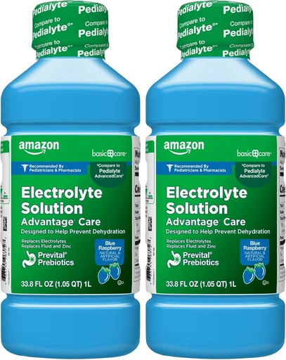  Basic Care Electrolyte Solution Advantage Care with PreVital Prebiotics, Blue Raspberry, Designed to Help Prevent Dehydration, Replaces Electrolytes, Fluid and Zinc, 33.8 fl oz (Pack of 2)