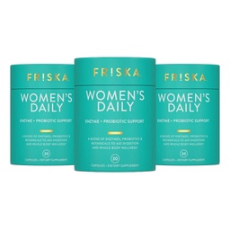 Friska Women’s Daily Gut Support - Pre/Post Meal, Digestive Enzymes, Probiotic DE111 for Bloating & Digestive Balance, Vitamin D, Cranberry & Biotin for Hair, Nail & Urinary Health, 90 Capsules