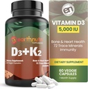 EarthNutri Vitamin D3 K2 Supplement 5000 IU – Includes K2 from MENA Q7, D3 from Vitashine, Calcium from Aquamin & 72 Trace Minerals – for Immune, Bone & Heart Health – Non-GMO – 60 Veg Capsules