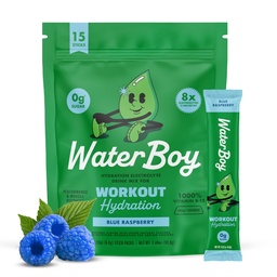 Waterboy Workout Hydration | 2,960mg Sugar Free Electrolyte Powder Packets | L-Glutamine + Vitamins | No Sugar, All Natural, Gluten Free | 15 Drink Stick Mixes (Blue Raspberry)