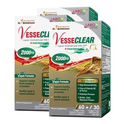 LABO Nutrition VesseCLEAR CX: Artery Cleanse Supplement to Support Blood Pressure, Clean Blood Vessel, Heart & Cholesterol Health Formula | Nattokinase NSK-SD + Gamma Oryzanol | DR Capsules [3 Pack]