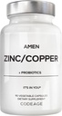 Amen Zinc & Copper Supplement + Probiotics, 3 Months Supply, One Per Day - 50 mg Zinc Picolinate Vitamin Pills - Essential Minerals Supplements – 2 Billion CFUs Probiotic – Vegan, Non-GMO, 90 Capsules