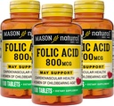 MASON NATURAL Folic Acid 800 mcg - Helps Nervous System Function, Daily Supplement for Health, Mood and Prenatal Care, for Women of Childbearing Age, 100 Tablets (Pack of 3)