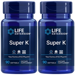 Life Extension Super K, Vitamin K Supplement, 2000 Mcg Vitamin-K and 1180 Mcg Vitamin K2, Heart Health, Once-Daily, 90 Softgels (Pack of 2)