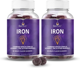 BeLive Iron Gummies - Multivitamin Iron Supplement with Vitamin C, A, B & Zinc, Supports Blood Oxygen, Vegan Supplements for Women, Men & Kids for Growth and Development - Grape Flavor | 2-Pack