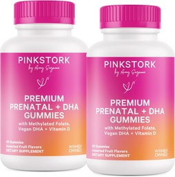 Pink Stork Premium Prenatal Gummy Vitamins with DHA, Folate, and Vitamin D - 60 Vegan Gummies - 2 Pack