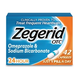 Zegerid OTC, 24-Hour Heartburn Relief, Acid Reflux Medicine and Antacid, Treats Frequent Heartburn, Omeprazole 20mg + Sodium Bicarbonate, Proton Pump Inhibitor (PPI), 42 Capsules
