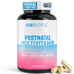 GOBIOTIX Postpartum Vitamins for Breastfeeding Moms - Postnatal Lactation Supplement with Organic Herbs, Minerals, Nutrients for New Mothers and Baby - Postpartum Essentials, Non GMO, Vegan, 60 Caps