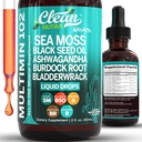 Clean Nutra Organic Sea Moss Drops Supplement | Black Seed Oil Irish Seamoss Ashwagandha Burdock Root & Bladderwrack - Multimineral Liquid Vegan for Gut Heath Energy Skin Immune Support & Hair