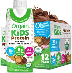 Orgain Organic Kids Protein Nutritional Shake, Chocolate - 8g of Protein, 22 Vitamins & Minerals, Fruits & Vegetables, Gluten Free, Soy Free, Non-GMO, 8.25 Fl Oz (Pack of 12)