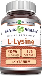 Amazing Formulas L-Lysine 500 mg Capsules Amino Acid Supplement | Non-GMO | Gluten Free | Made in USA (120 Count)