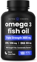 Triple Strength Omega 3 Fish Oil 3600 mg | EPA & DHA | 180 Softgels | Burpless Fish Oil Supplement, Wild Caught | Over 2100mg Omega-3 Fatty Acids Supplements | Natural Lemon Flavor Omegas 3 Pills