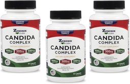 Zenesis Labs Candida Complex Cleanse Detox Caprylic Acid Supplement, Oregano Extract, Probiotics, Enzymes - Bulk 180 Capsules, 90 Day Supply (60 Capsules/Bottle)