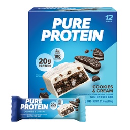 Pure Protein Cookies And Cream Protein Bars – 20g Protein, 3g Sugar, 190 Calories (12 count) Low Sugar* High Protein Snack - Gluten Free - Perfect for a Healthy Snack