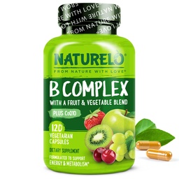 NATURELO Vitamin B Complex,120 Capsules, Vegan, CoQ10, Methyl Folate, Biotin, Fruit & Veg Blend, Supports Energy and Healthy Stress Response, Super B Complex Vitamins for Women and Men
