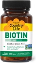 Country Life Biotin 1mg Supports Healthy Hair, Skin & Nails, 100 Tablets, Certified Gluten Free, Certified Vegan, Certified Halal, Non-GMO Verified