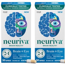 NEURIVA Brain + Eye Supplement for Memory, Focus & Concentration with Lutein & Vitamins A C E and Zinc for Eye Health & Zeaxanthin to Filter Blue Light, 30ct Capsules (2 Pack)