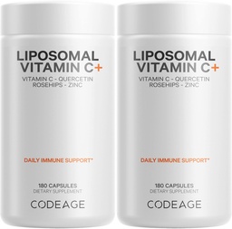 Codeage Liposomal Vitamin C 1500mg with Zinc, Elderberry, Citrus Bioflavonoids Grapefruit, Lemon, Orange Powder, Quercetin & Rose Hips Fruit – Vegan Supplement - Non-GMO, Vegan Pills - 2 Pack