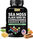 Sea Moss Black Seed Oil Ashwagandha Bladderwrack Burdock Root Turmeric & Vitamin C D3 Elderberry ACV Black Pepper - Multimineral Supplement - 60 Count