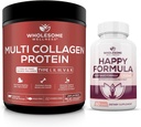 Wholesome Wellness Multi Collagen Protein Powder Hydrolyzed (Type I II III V X) Happy Formula Natural Stress Formula Relief Supplement Bundle