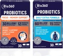 Bio360 Probiotics Bundle, Cognitive Support Formula & Daily Extra Formula, Brain Support & Gut Health Supplements, Helps Support Memory, Focus & Digestion, 2 x 30 Vegan Supplements