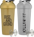 [2 Pack] 28 Ounce Proten Shaker Bottles with Mixer Agitators with Motivational Quotes | Perfect for Mixing Protein, Pre-Workout, and Greens Drinks | BPA Free and Dishwasher Safe |Gold & Silver