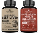 Grass Fed Desiccated Beef Liver Capsules (180 Pills, 750mg Each) - Natural Iron, Vitamin A, B12 for Energy + Super-Absorb Multi Collagen Pills (Type I II III V X) Organic Herbs and Bioperine Bundle